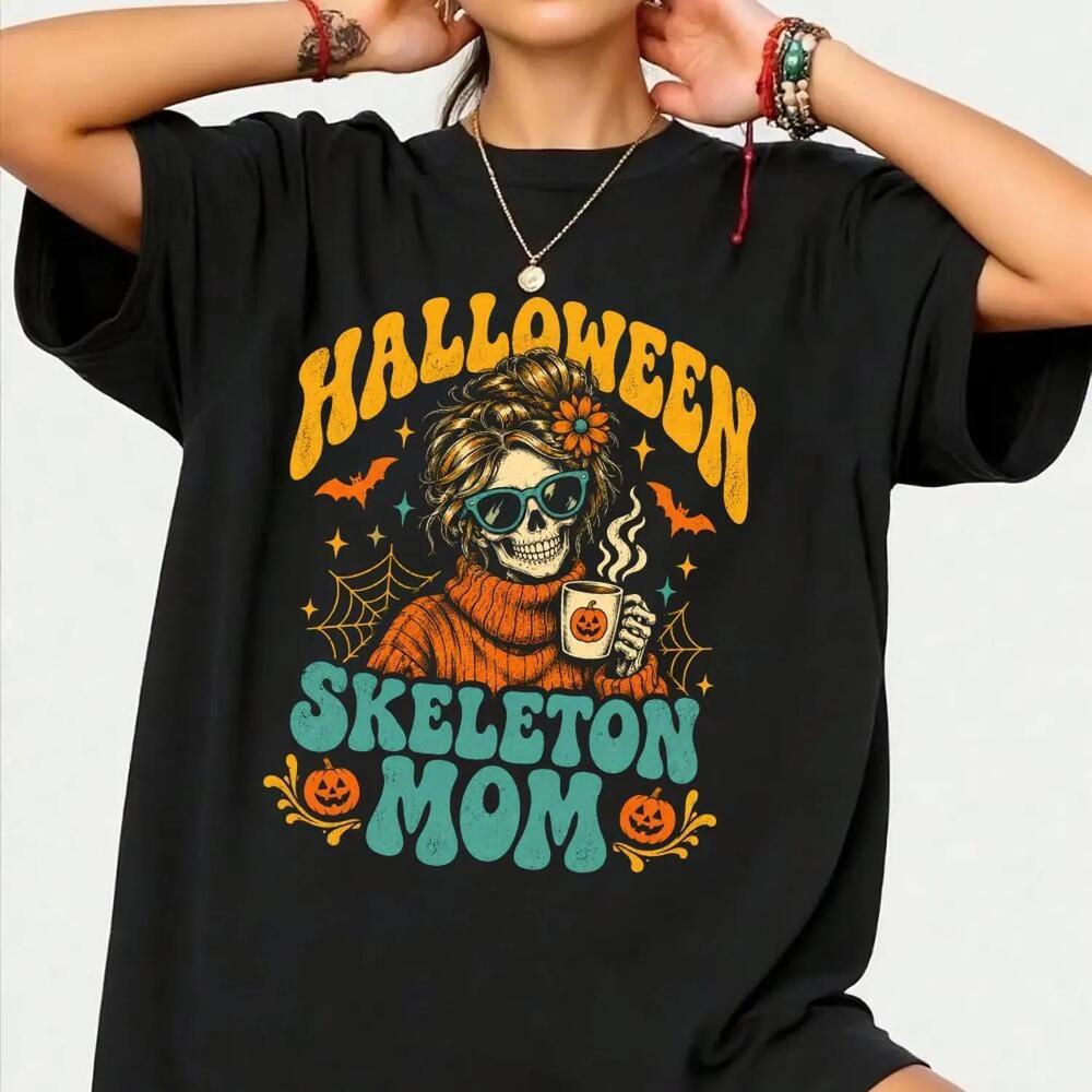 WomenS Retro Halloween Skeleton Mom V-Neck T-Shirt, Funny